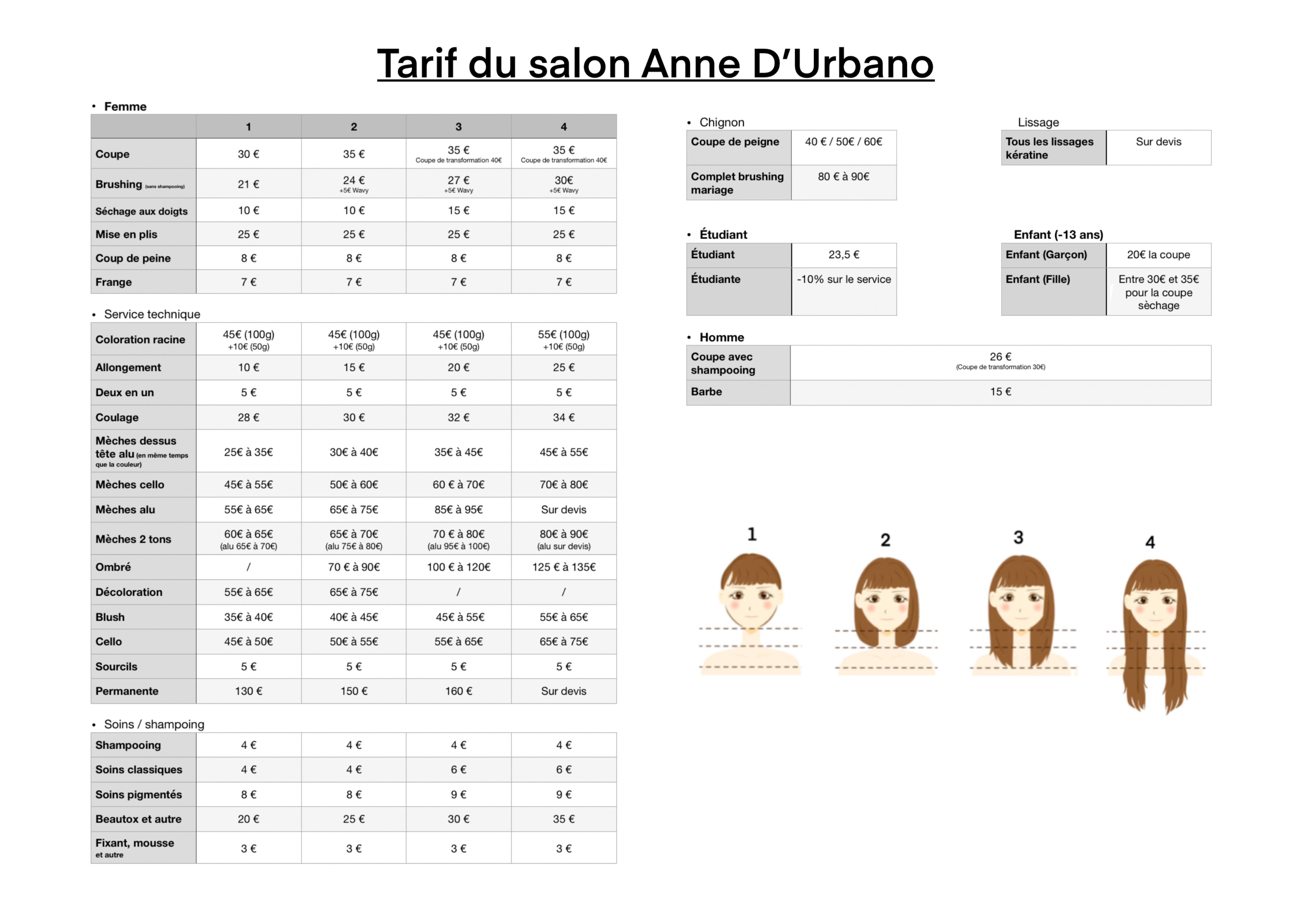 tarifs 2024 du salon de coiffure